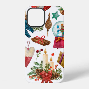 Aquarellmuster mit vintage Weihnachtsschmuck iPhone 12 Hülle