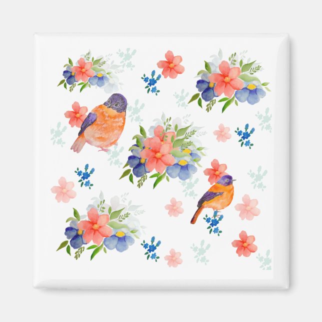 Aquarellmuster mit Vögeln und Blume Magnet (Vorne)