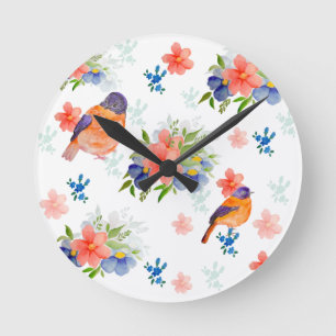 Aquarellmuster mit Vögeln und Blume Runde Wanduhr
