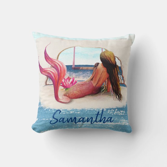 Aquarellname Beach Mermaid Afrikanischer Amerikane Kissen (Vorderseite)