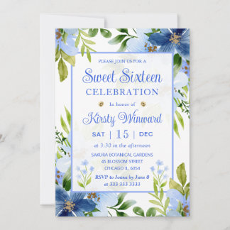 Aquarellnavy & Baby Blue Blume 16 . Geburtstag Einladung