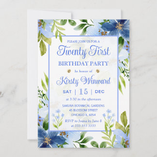 Aquarellnavy & Baby Blue Blume 21. Geburtstag Einladung