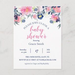 Aquarellnavy & Pink Floral Baby Dusche Postkarte