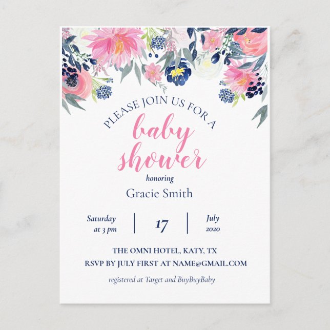 Aquarellnavy & Pink Floral Baby Dusche Postkarte (Vorderseite)
