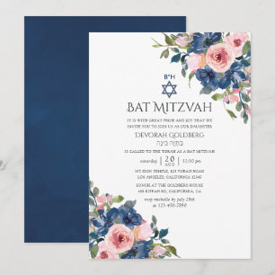 Aquarellnavy und Blush Floral Bat Mitzvah Einladung