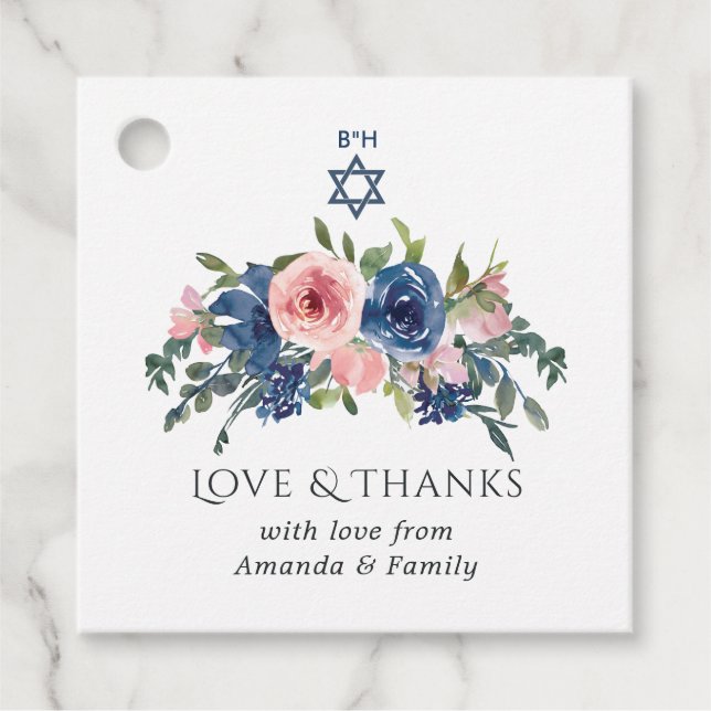 Aquarellnavy und Blush Floral Bat Mitzvah Geschenkanhänger (Vorderseite)