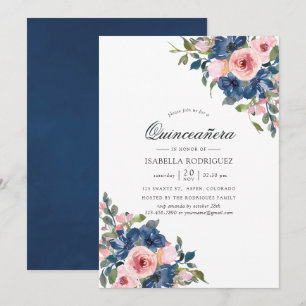 Aquarellnavy und Blush Floral Quinceñera Einladung