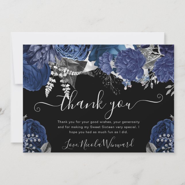 Aquarellnavy und Silberne Rose Sweet 16 Dankeskarte (Vorderseite)