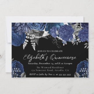 Aquarellnavy und Silver Rose Quinceanera Einladung