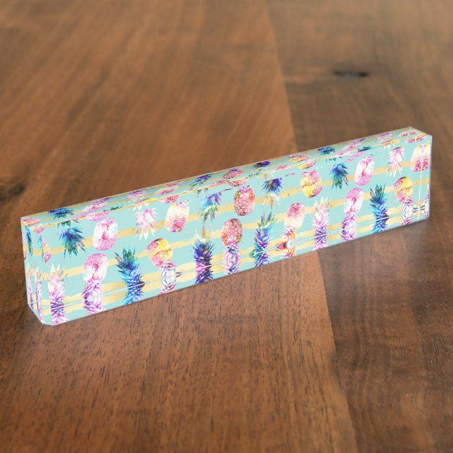 Aquarellnebel Ananas Gold Streifen Design Namensplakette (Seite)