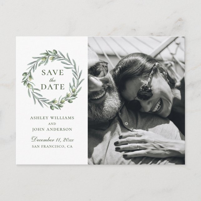 Aquarelloliven. Italienisch elegant Save the Date Postkarte (Vorderseite)