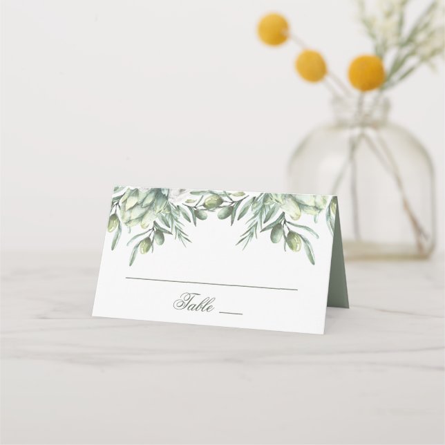 Aquarelloliven. Sommergarten Italienische Hochzeit Platzkarte (Vorderseite)