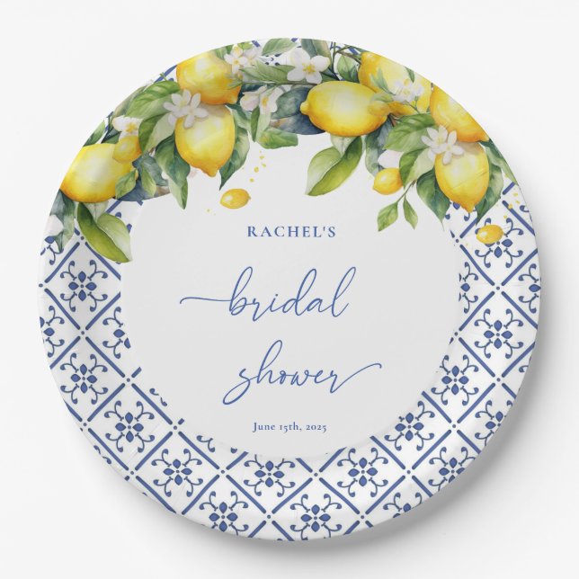 Aquarellon Lemon Mediterranes Brautparty Pappteller (Vorderseite)