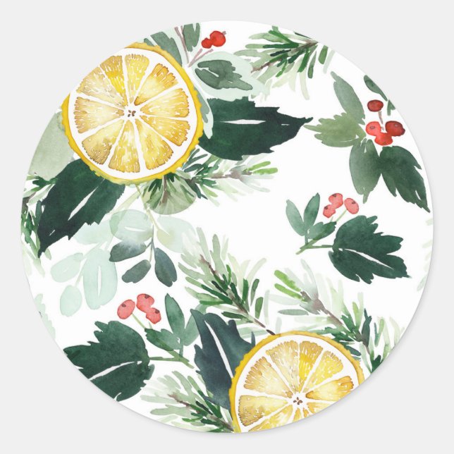 Aquarellon Lemon und Holly Pattern Weihnachten Runder Aufkleber (Vorderseite)