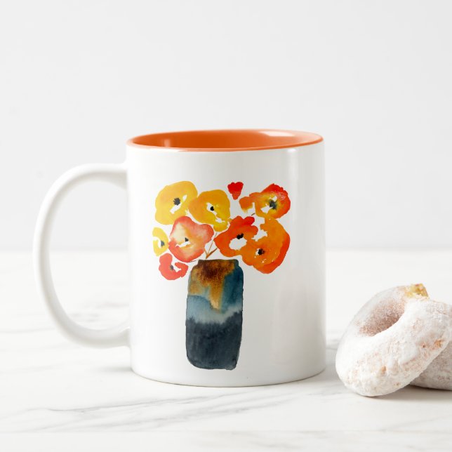 Aquarellorange und rote Mohnblumen Zweifarbige Tasse (Mit Donut)
