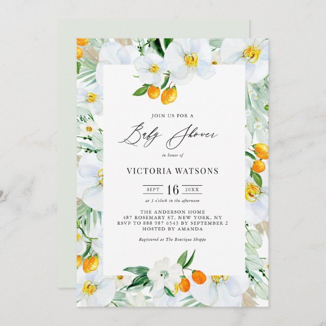 Aquarellorchids und Kumquats Summer Baby Dusche Einladung (Vorne/Hinten)