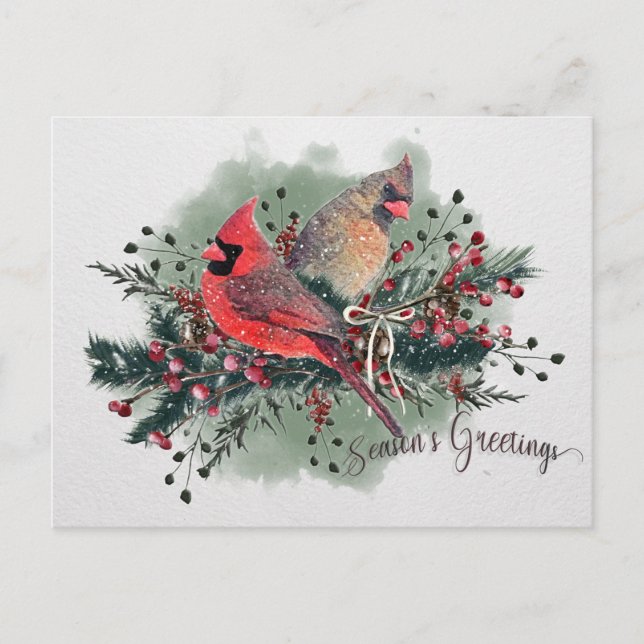 Aquarellpaare der Kardinal Weihnachtsdesign Feiertagspostkarte (Vorderseite)