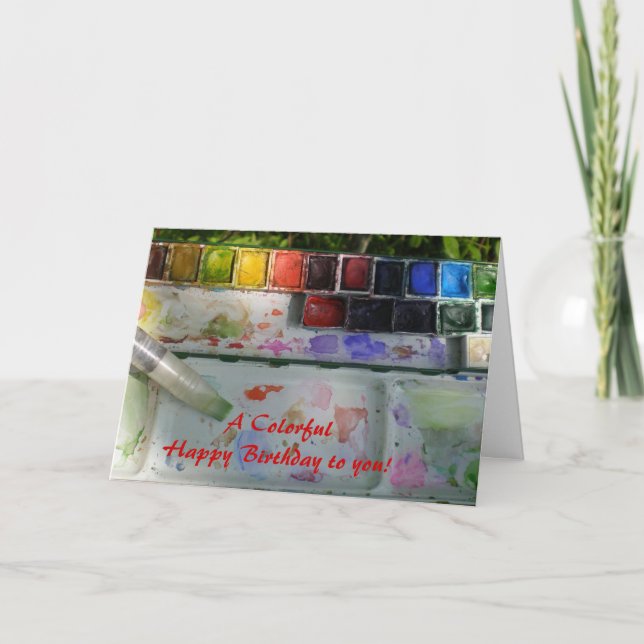 Aquarellpalette und Brush Happy Birthday Karte (Vorderseite)