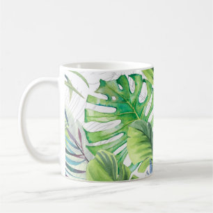 Aquarellpalme-Blätter, exotischer nahtloser Hinter Kaffeetasse
