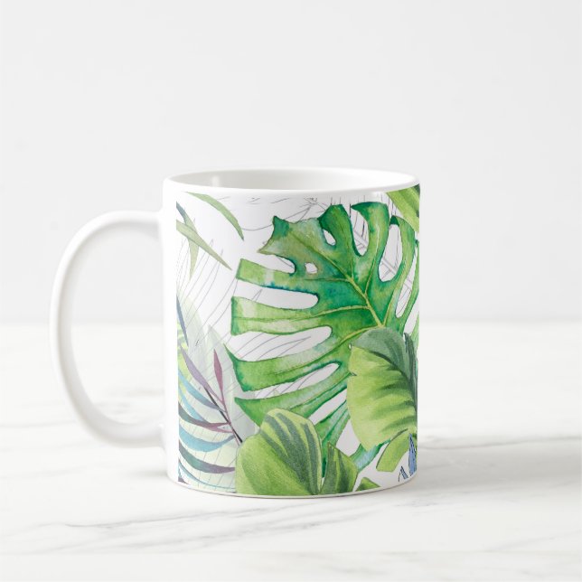 Aquarellpalme-Blätter, exotischer nahtloser Hinter Kaffeetasse (Links)