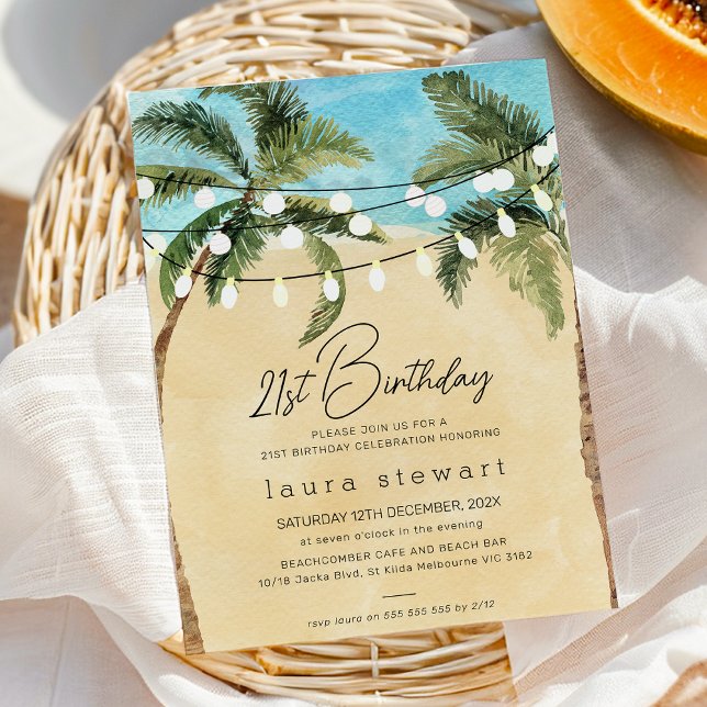 Aquarellpalme Tree Fairy Lights 21. Geburtstag Einladung (Beach Party 21st Birthday Party Invitation, Palm Trees Fairy Lights, Beach Restaurant Birthday)