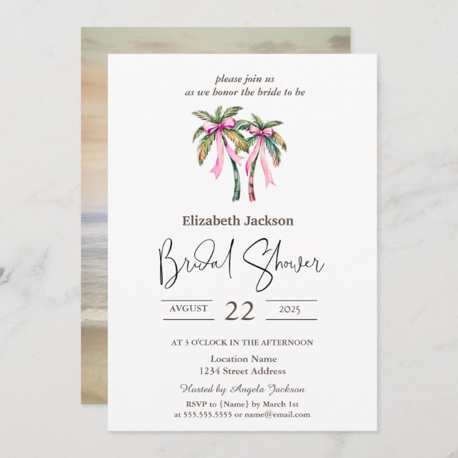 Aquarellpalmen Pink Bow Beach Brautparty Einladung (Vorne/Hinten)