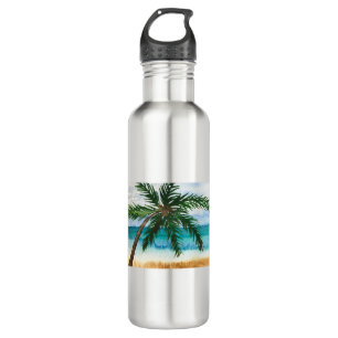 Aquarellpalmen Strand Meer hawaii Küste Edelstahlflasche