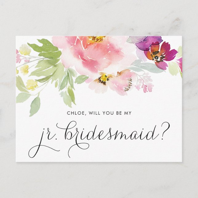 Aquarellpastellfarben floral be my jr Bridesmaid c Einladungspostkarte (Vorderseite)