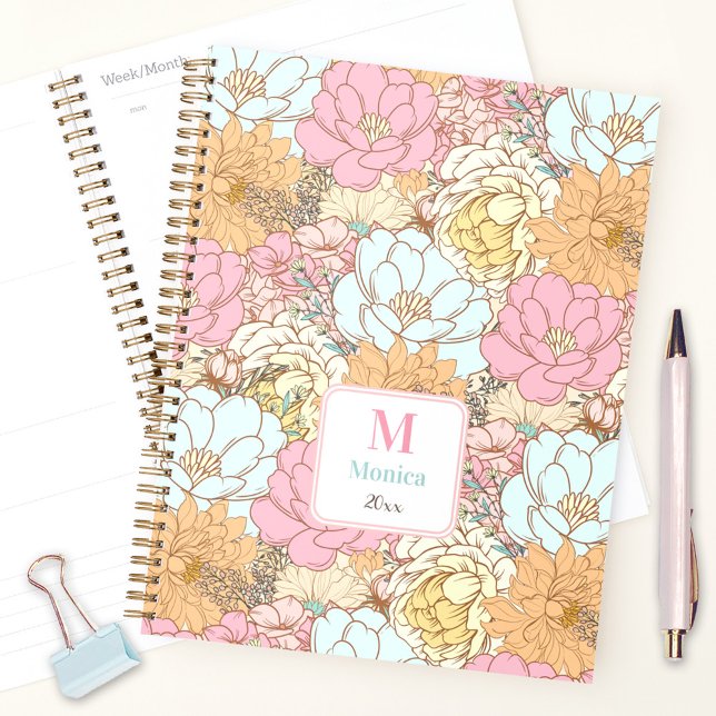 Aquarellpastellfarben Floral Pink farbenfrohe Mono Planer (Watercolor Pastel Floral Pink Colorful Monogram Planner)