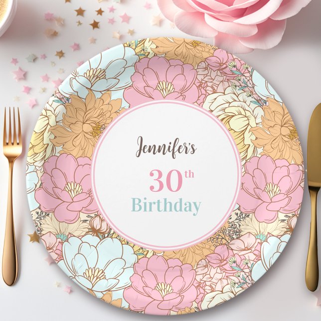 Aquarellpastellfarben Floral Pink Sommer Geburtsta Pappteller (Watercolor Paste Floral Pink Summer Birthday Paper Plates)
