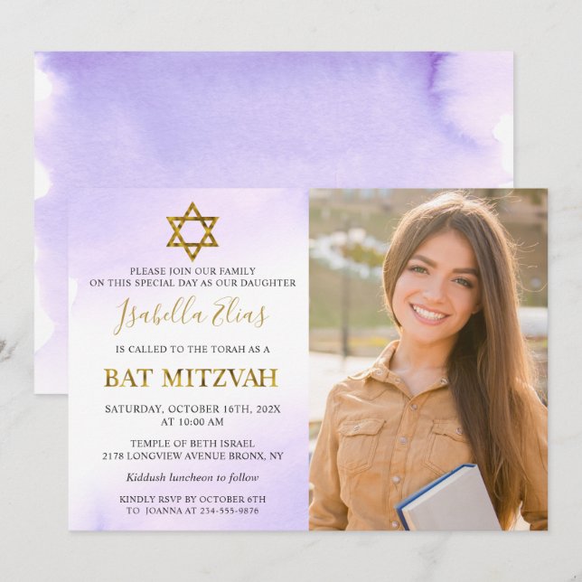 Aquarellpastellfarben Lila Gold Bat Mitzvah Foto Einladung (Vorne/Hinten)