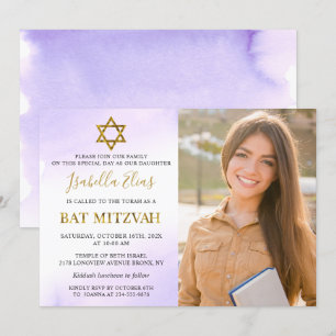 Aquarellpastellfarben Lila Gold Bat Mitzvah Foto Einladung