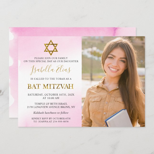Aquarellpastellfarben Pink Gold Bat Mitzvah Foto Einladung (Vorne/Hinten)