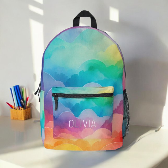Aquarellpastellfarben Rainbow Clouds Monogram Bedruckter Rucksack (Von Creator hochgeladen)