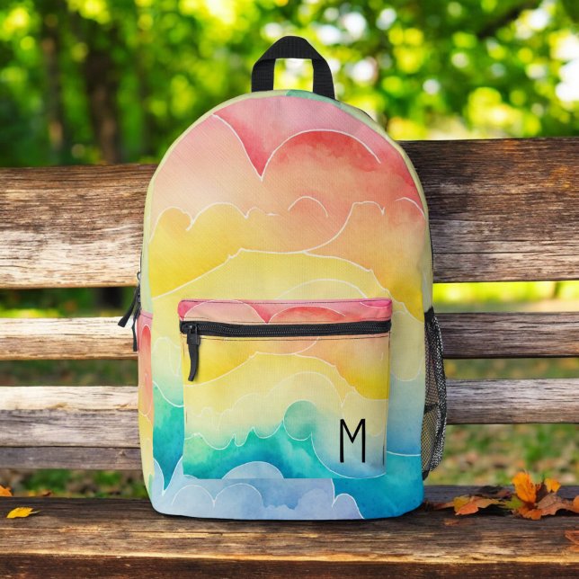Aquarellpastellfarben Rainbow Clouds Monogram Bedruckter Rucksack (Von Creator hochgeladen)