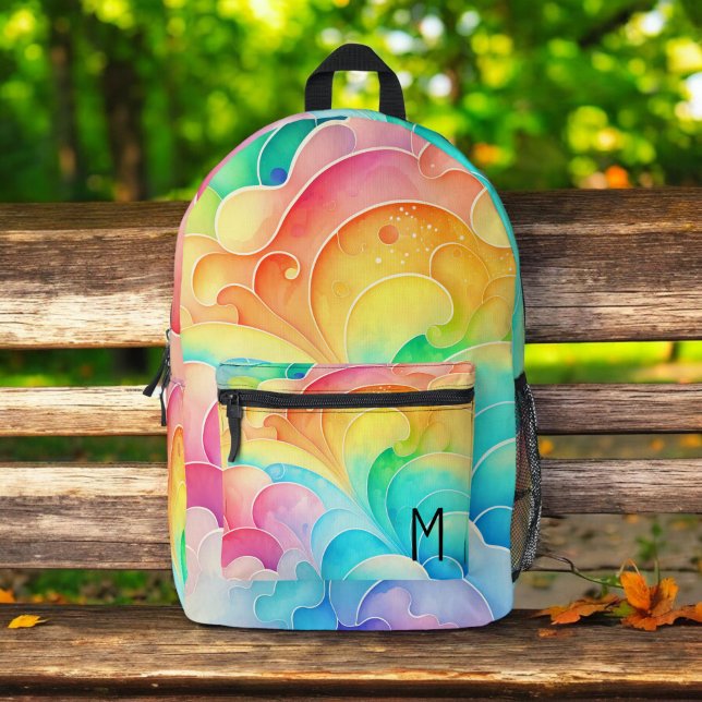 Aquarellpastellfarben Rainbow Clouds Monogram Bedruckter Rucksack (Von Creator hochgeladen)