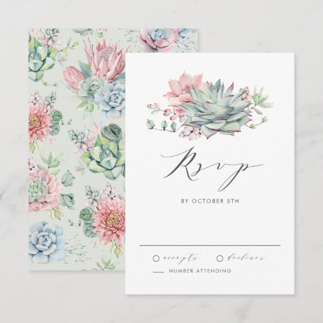 Aquarellpastellfarben Succulents Bouquet Wedding RSVP Karte (Vorne/Hinten)