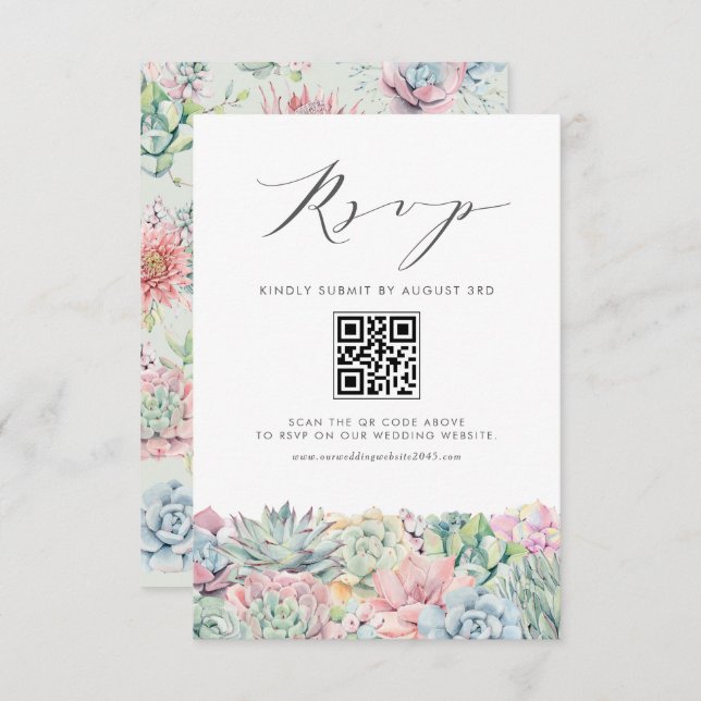 Aquarellpastellfarben - Succulents Wedding QR Code RSVP Karte (Vorne/Hinten)
