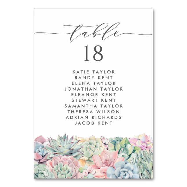 Aquarellpastellfarben - Sukkulationen für Hochzeit Tischnummer (Vorderseite)