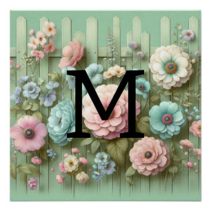 Aquarellpasten mit Monogramm, Blume auf grünem Hol Poster