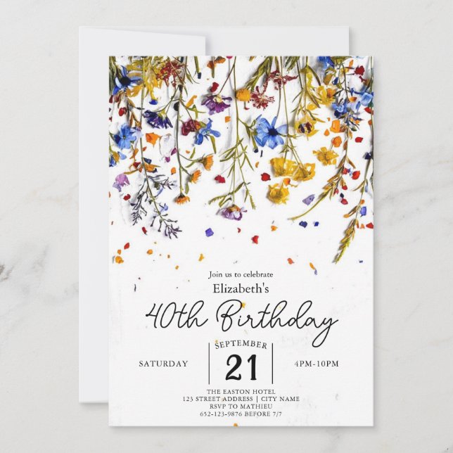 Aquarellpasten Wildblumen 40. Geburtstag Einladung (Vorderseite)