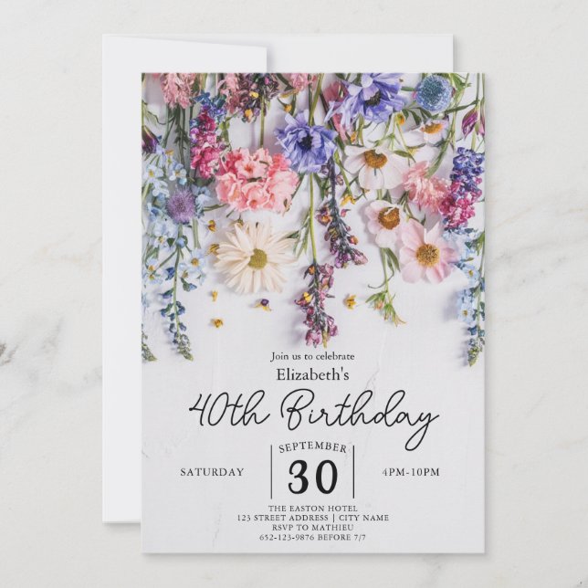 Aquarellpasten Wildblumen 40. Geburtstag Einladung (Vorderseite)