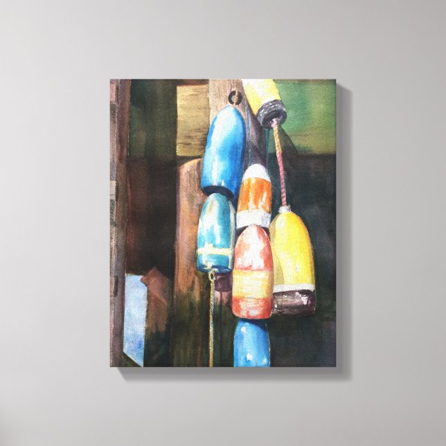 Aquarellpfeifen Hummer Buoy Coastal Canvas Print Leinwanddruck (Vorderseite)