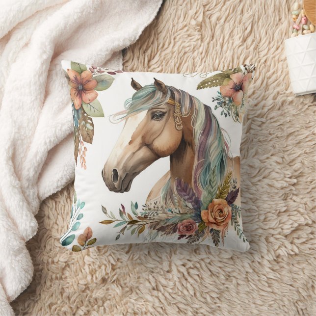 Aquarellpferd boho Fall blumengeschmückte Blätter Kissen (Decke)