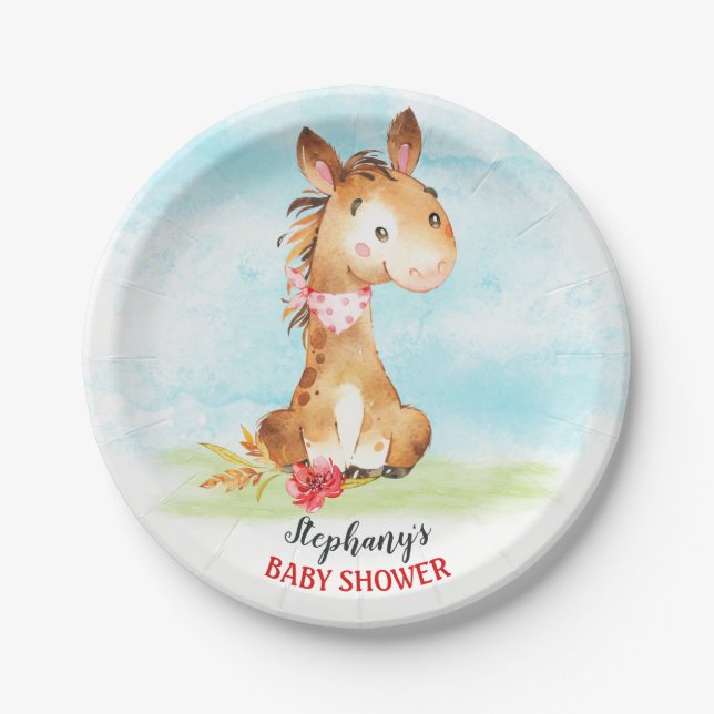 Aquarellpferd-Kinderdusche Pappteller (Vorderseite)