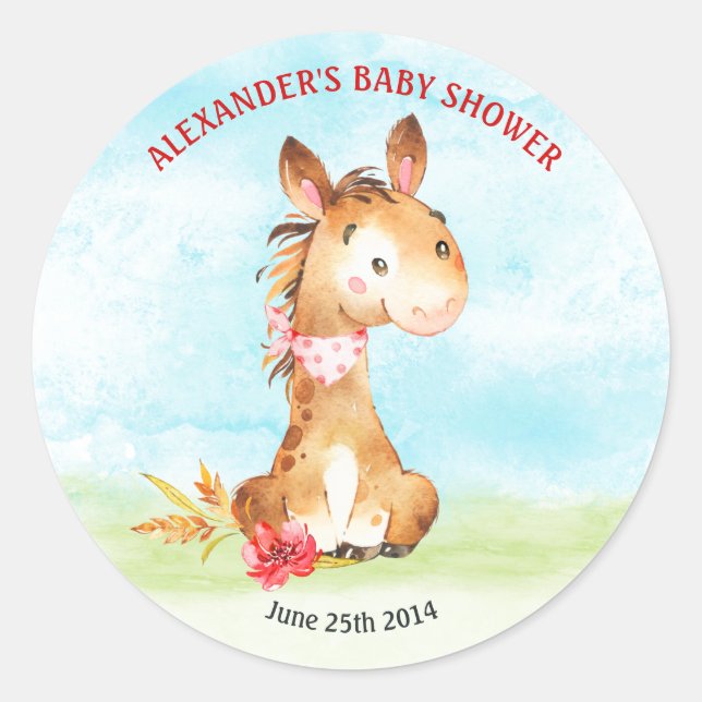 Aquarellpferd-Kinderdusche Runder Aufkleber (Vorderseite)
