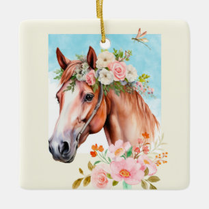 Aquarellpferd und Blume Doppelseitig Keramikornament