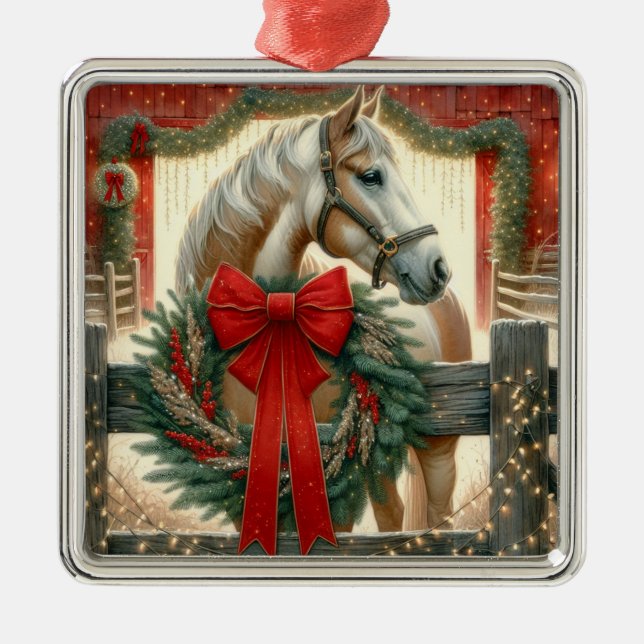 Aquarellpferd und festlicher Bauernhof Weihnachten Ornament Aus Metall (Vorne)