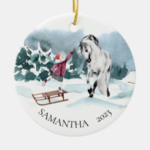 Aquarellpferd Winter Schnee Mit Mädchen Keramik Ornament