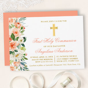 Aquarellpfirsich Floral Gold Erstkommunion Einladung